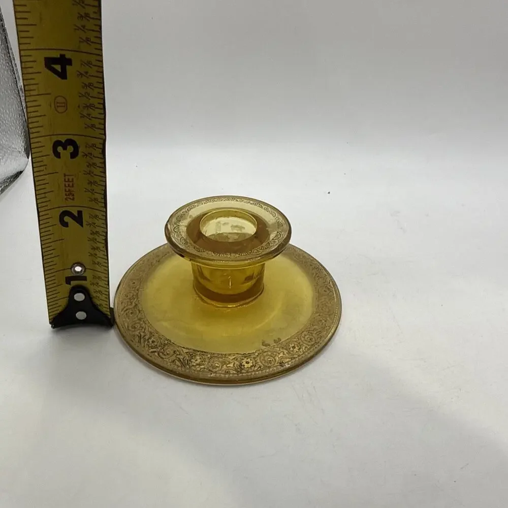 Vintage Amber Glass Candle Holder Ornate Floral Scroll Taper Chamberstick *